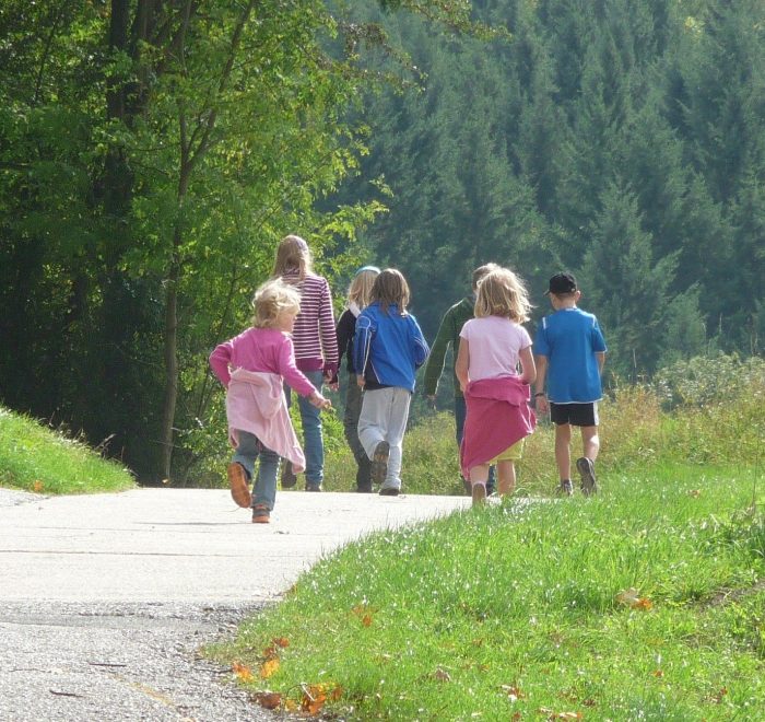 Eine Gruppe Kinder läuft einen Weg zwischen Wiesen entlang